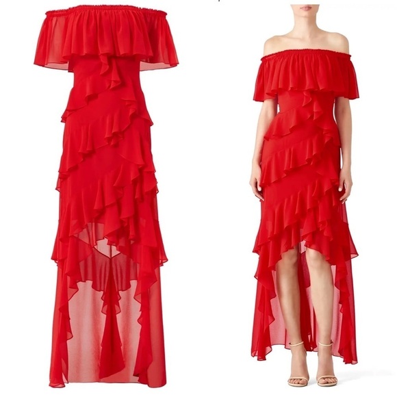 Badgley Mischka Dresses & Skirts - Badgley Mishka Red Off Shoulder Ruffle Gown Size 4